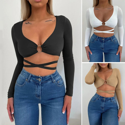 Women Long Sleeve Metal Ring Bandage Tee Tops