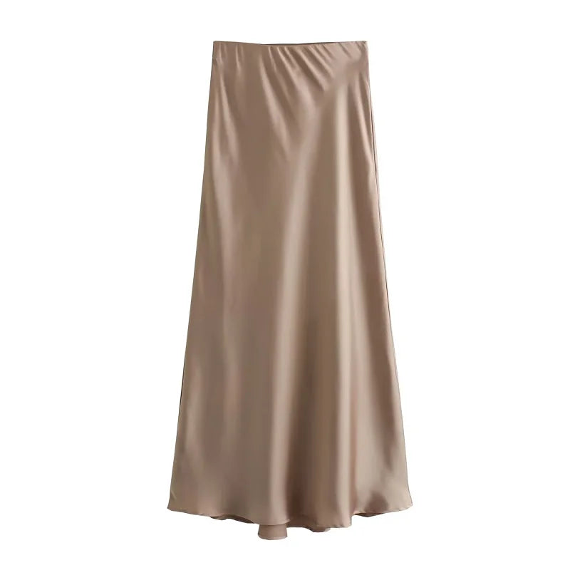 TRAF Satin Midi Women Skirt Mid Waist Folds Lady Skirt