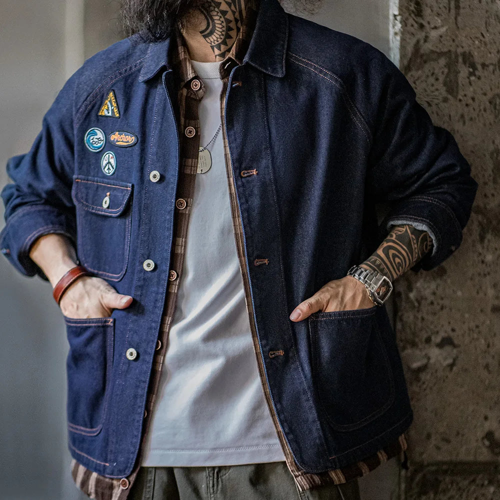 Neue schwere Jeansjacke mit aufgesticktem Vintage-Abzeichen von Maden