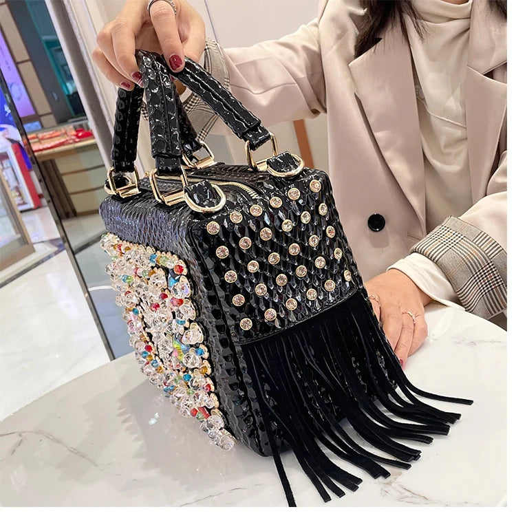 Genuine Leather Tassel Fashion Rhinestone Large Capacity Female Shoulder Crossbody Bags