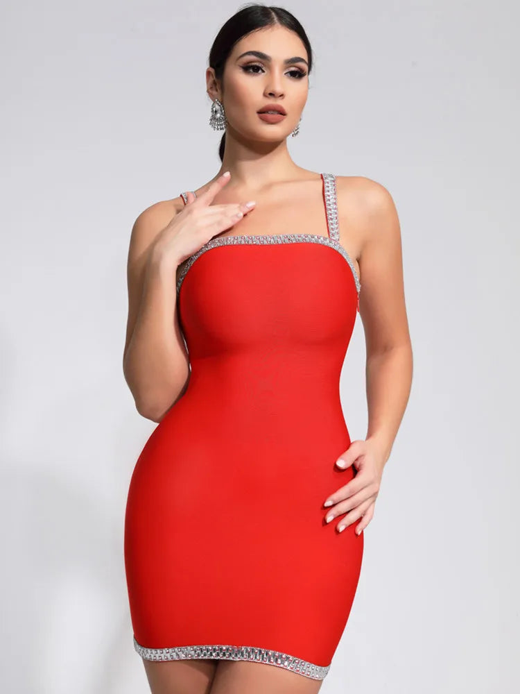 Luxury Sexy Summer Square Collar Red Crystal Mini Dress