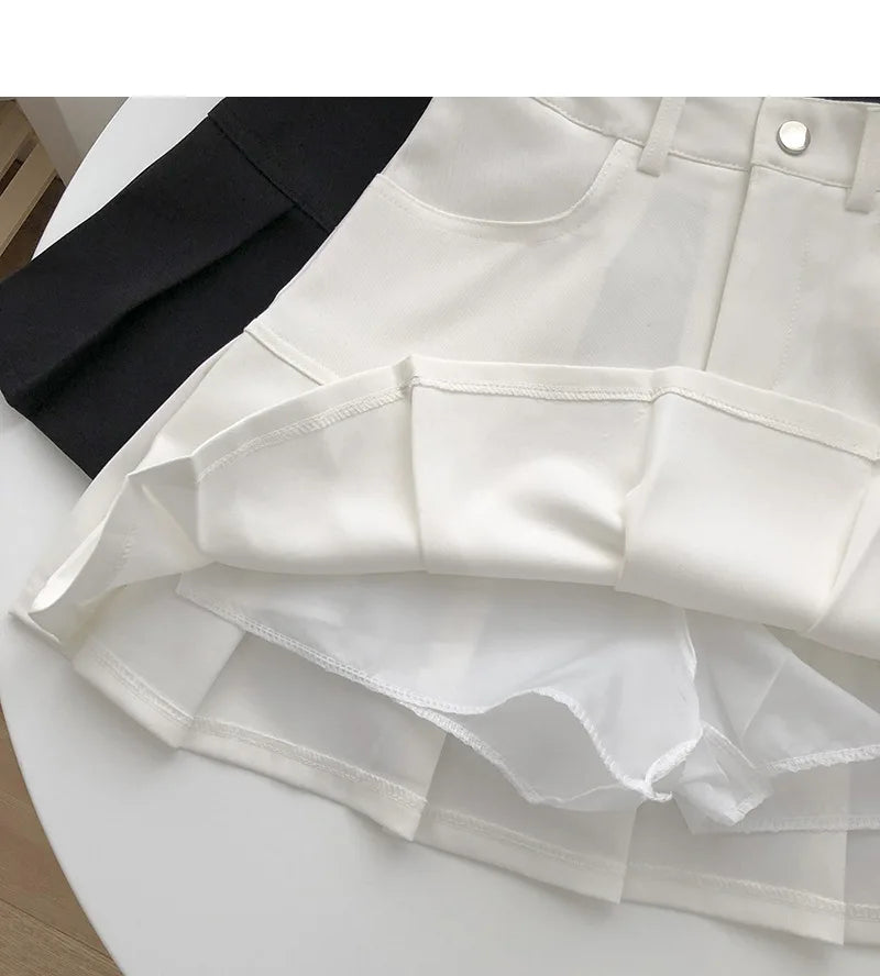 Vintage High Waist Pleated Skirt Women College Style with Safety Pants