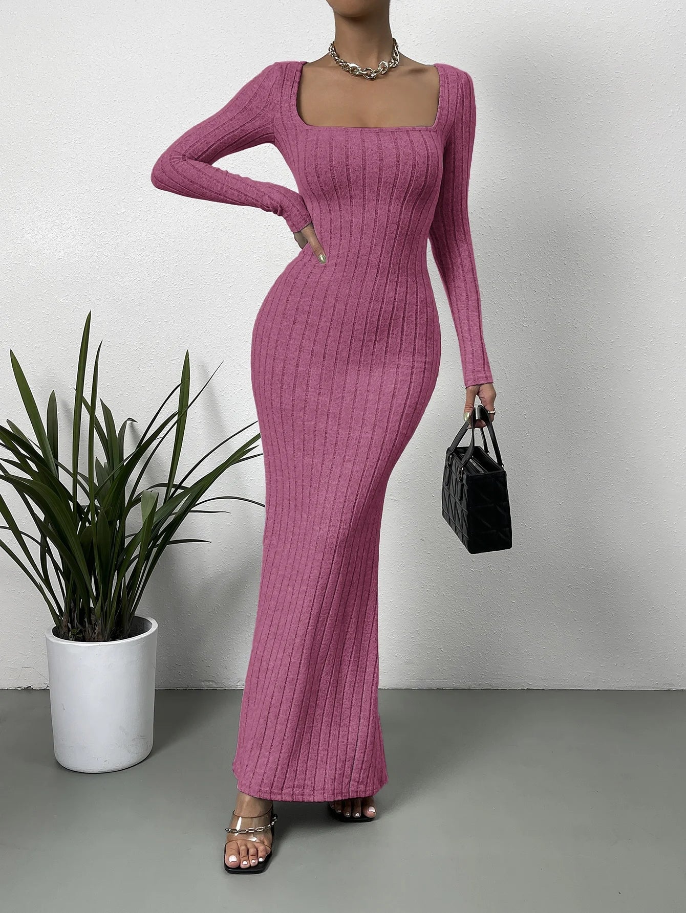 Mature Low Line Neck Cut Solid Color Slim-fit All-match Long-sleeved Dress