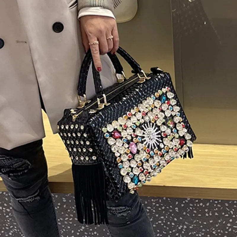 Genuine Leather Tassel Fashion Rhinestone Large Capacity Female Shoulder Crossbody Bags