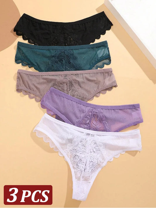 3Pcs/Set Sexy Lace Thongs Women Solid G-String Panties