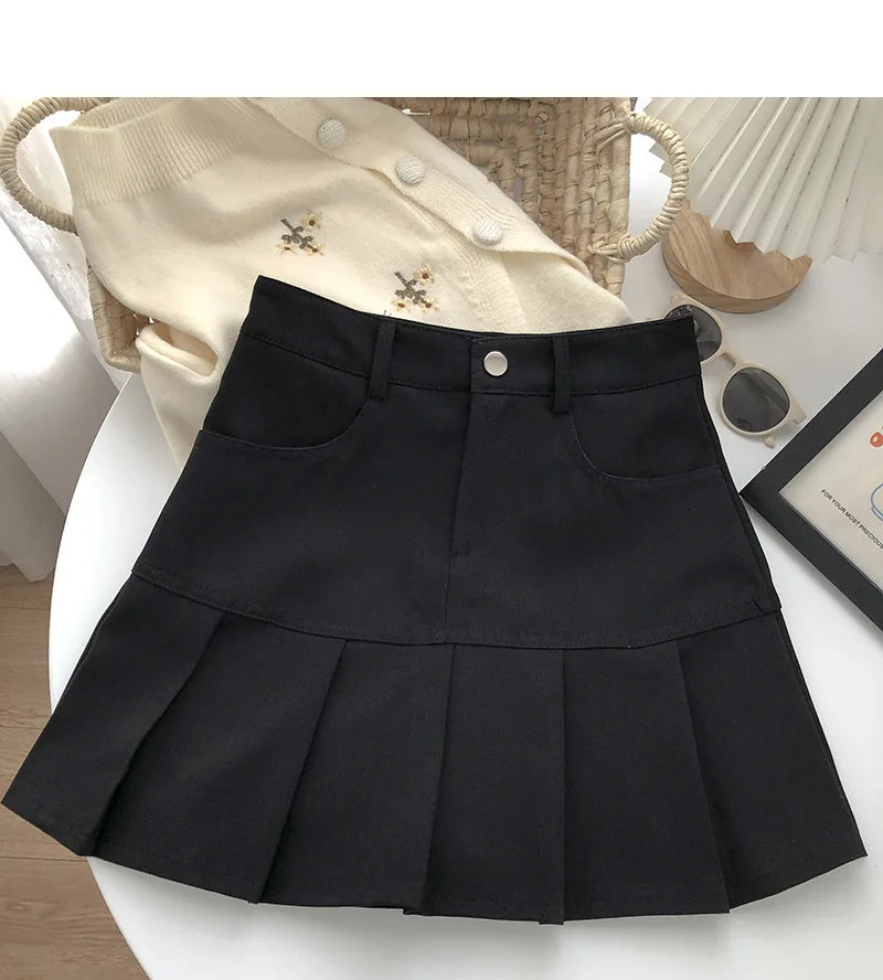 Vintage High Waist Pleated Skirt Women College Style with Safety Pants