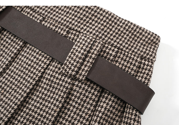Y2K Low Rise Houndstooth Mini Skirt with Belt Woolen Pleated Mini