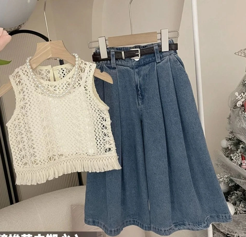 Girls Summer Tank Top Jeans Cute and Gentle Design Two Piece Set