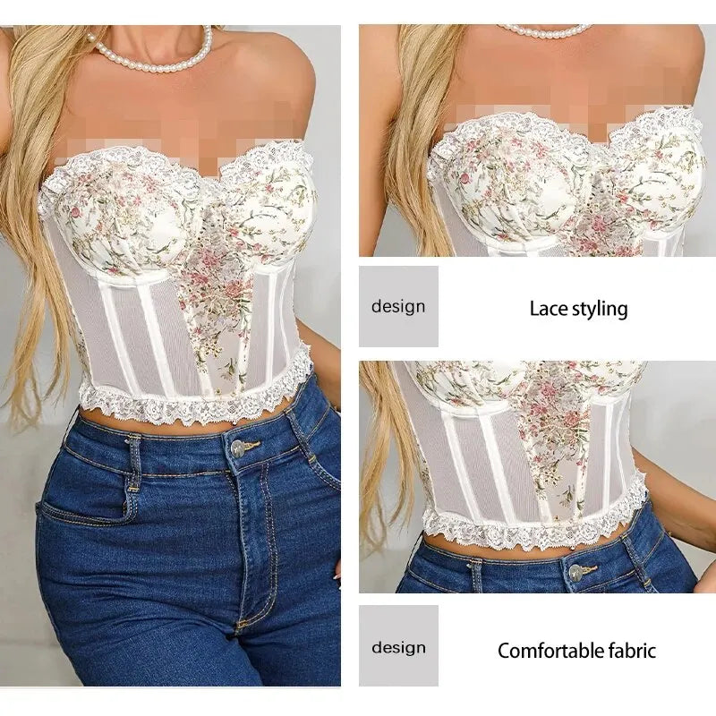 Women's White Lace Mesh Fish Bone Chest Flower Embroidered Bra