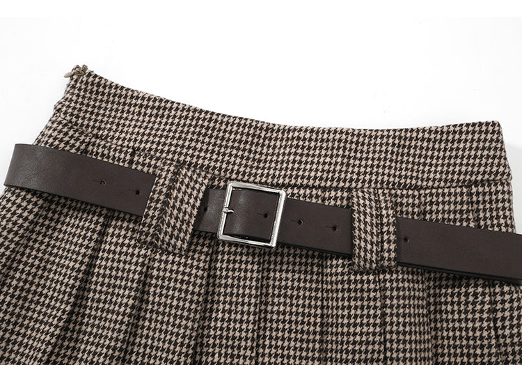 Y2K Low Rise Houndstooth Mini Skirt with Belt Woolen Pleated Mini