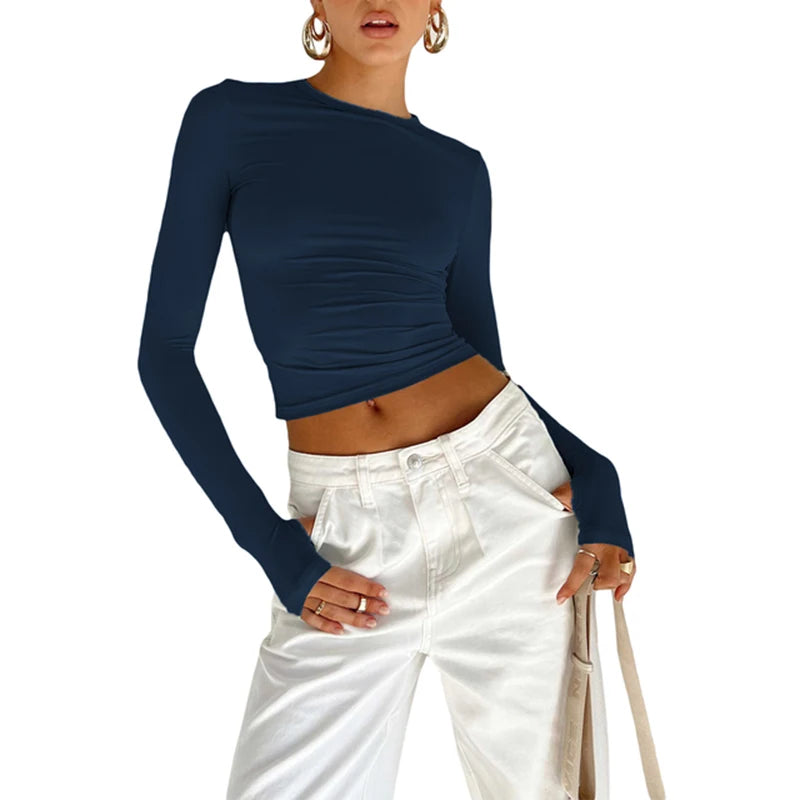 Women Long Sleeve Crew Neck Solid Slim Fit Ladies Crop Top