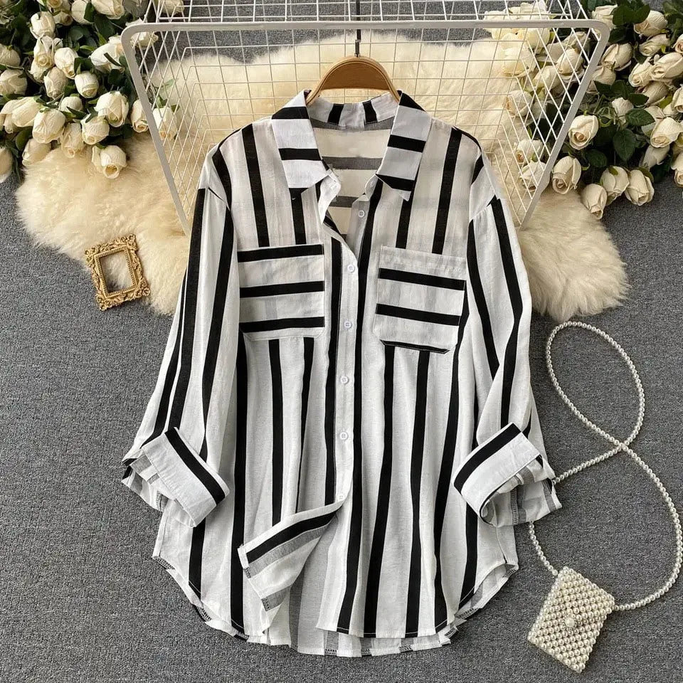 Summer Striped Blouse Fashion Turn-down Collar Long Sleeve Button Top