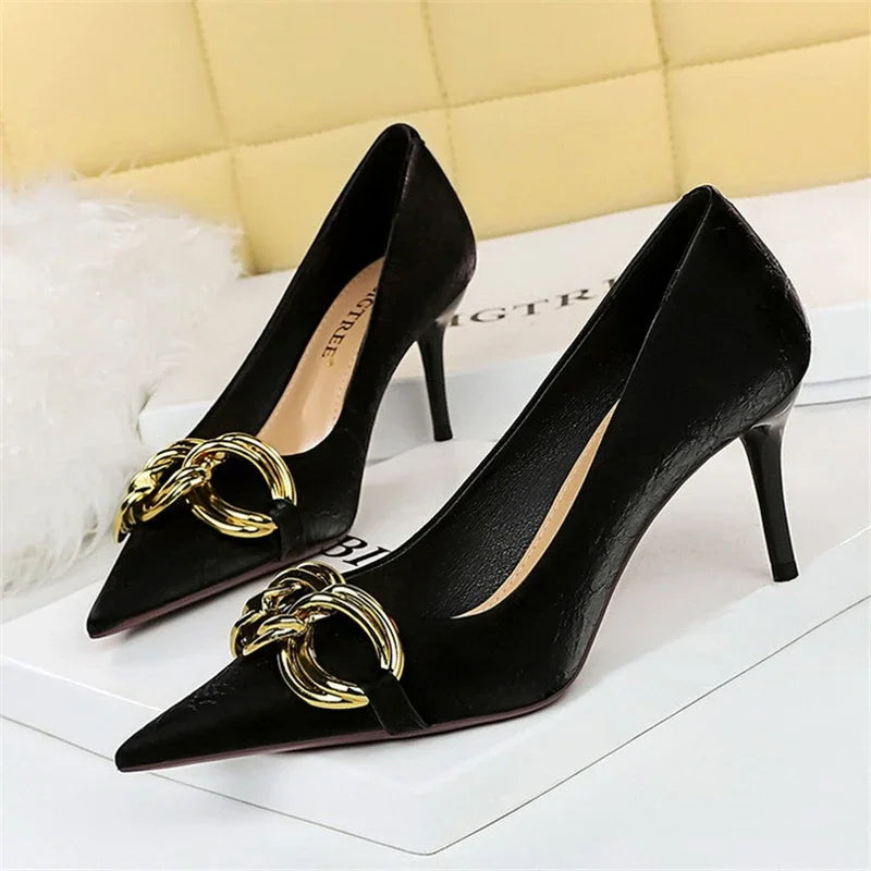 Women's Fashion Nude Metal Buckle Pumps High-Heels