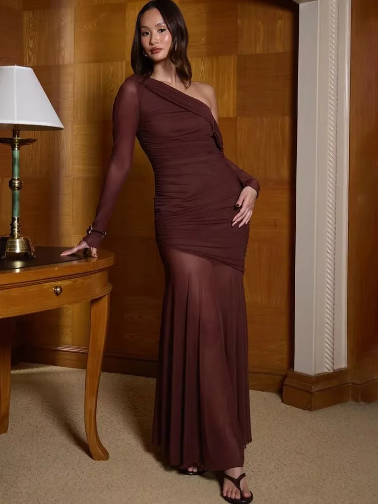 One Shoulder Mesh Women Maxi Dress