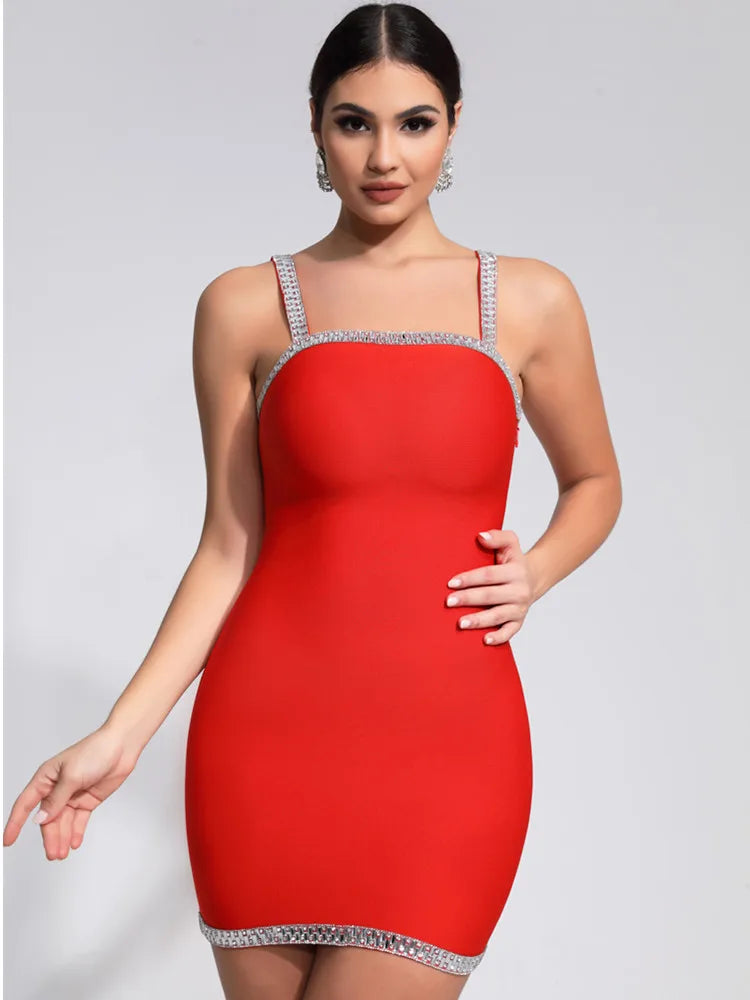 Luxury Sexy Summer Square Collar Red Crystal Mini Dress