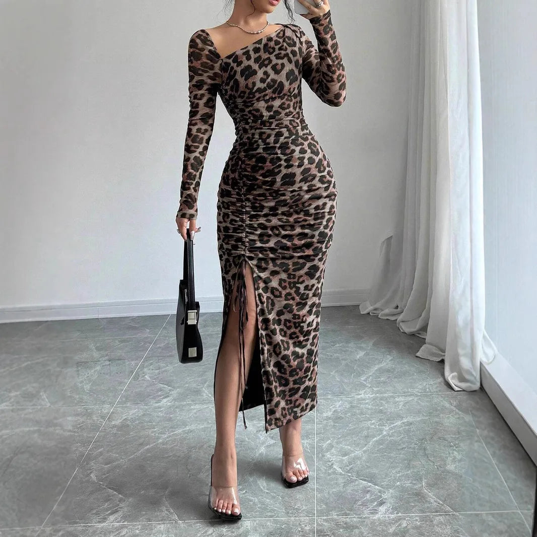 Sexy Leopard Print Split Long Dress