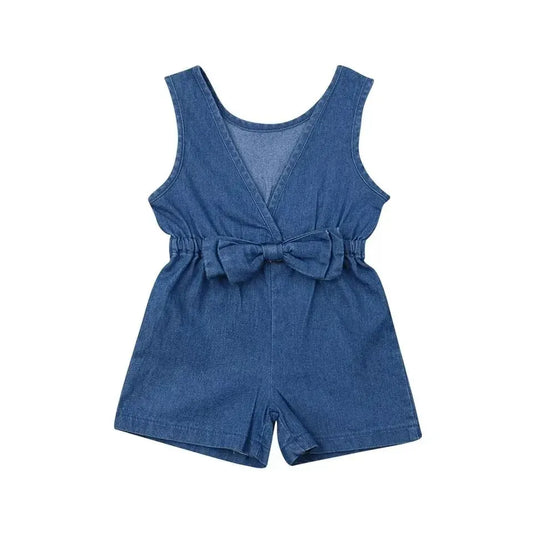 Girls' Casual Denim Sleeveless Bow Jumpsuit