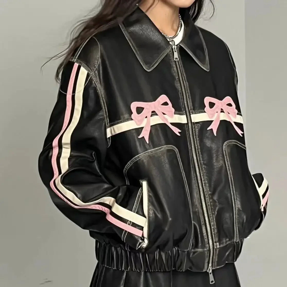 Women Fashion Bow Casual PU Coat