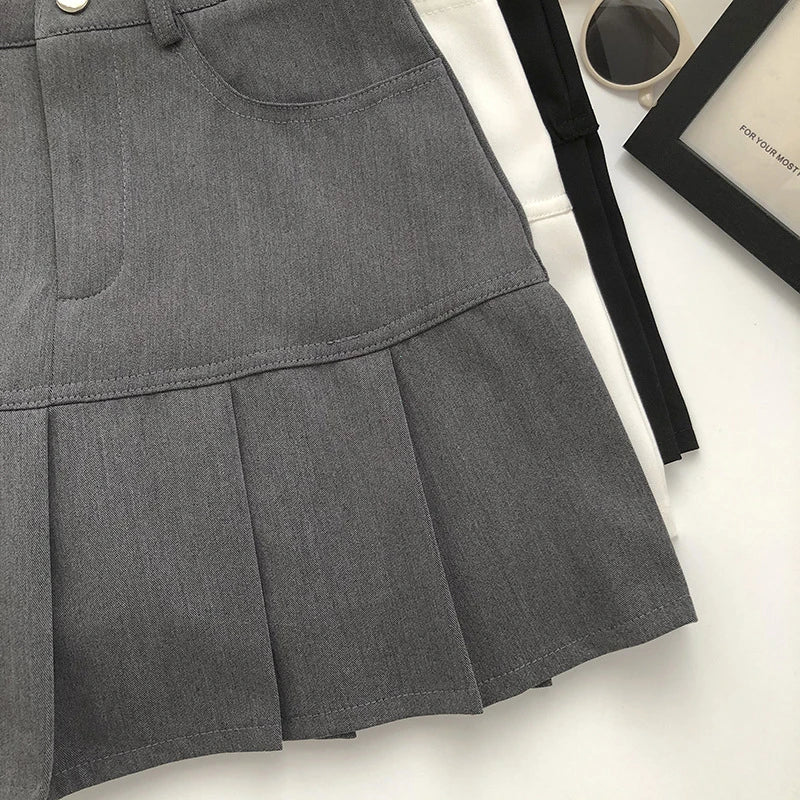 Vintage High Waist Pleated Skirt Women College Style with Safety Pants