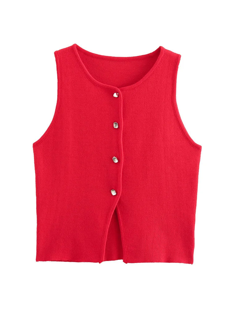 Women Fashion Sleeveless Buttons Hem Split Tops