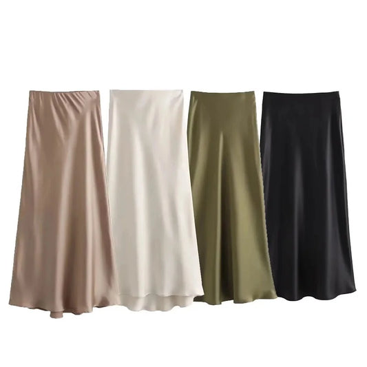 TRAF Satin Midi Women Skirt Mid Waist Folds Lady Skirt