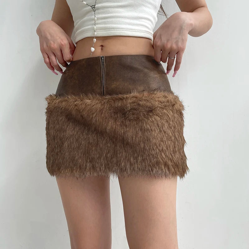 Patchwork Faux Fur Women’s Skirts Chic Sexy Mini Leather Skirt
