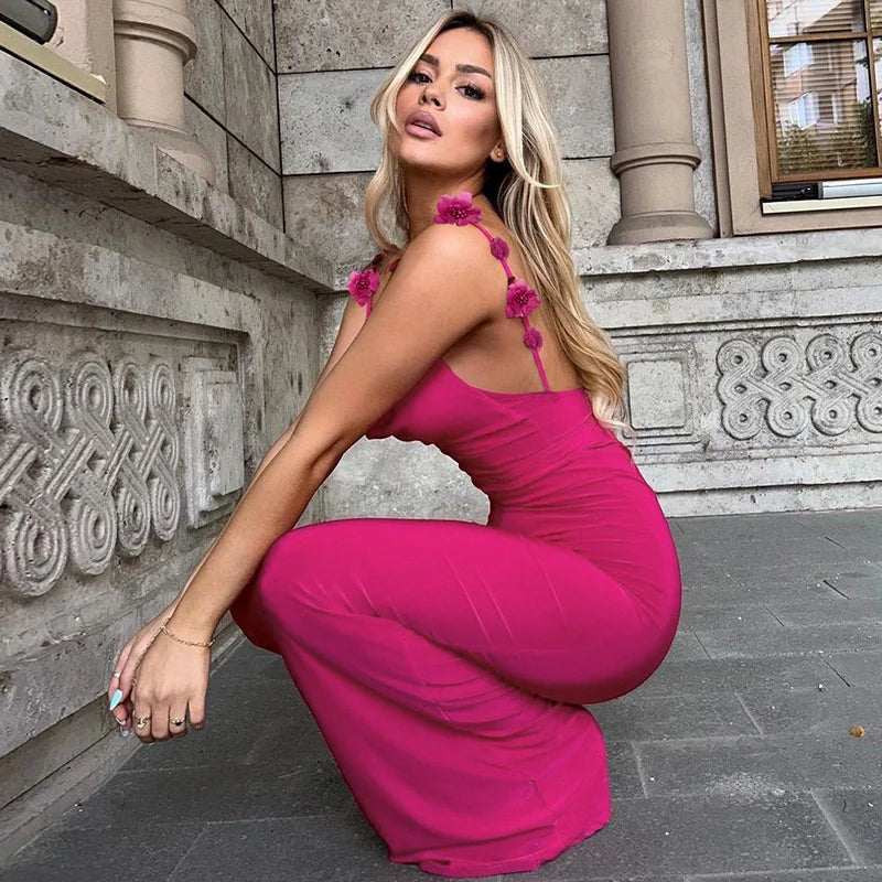 Mozision Flower Spaghetti Strap Backless Maxi Dress Women Rose Pink Bodycon Slipdress