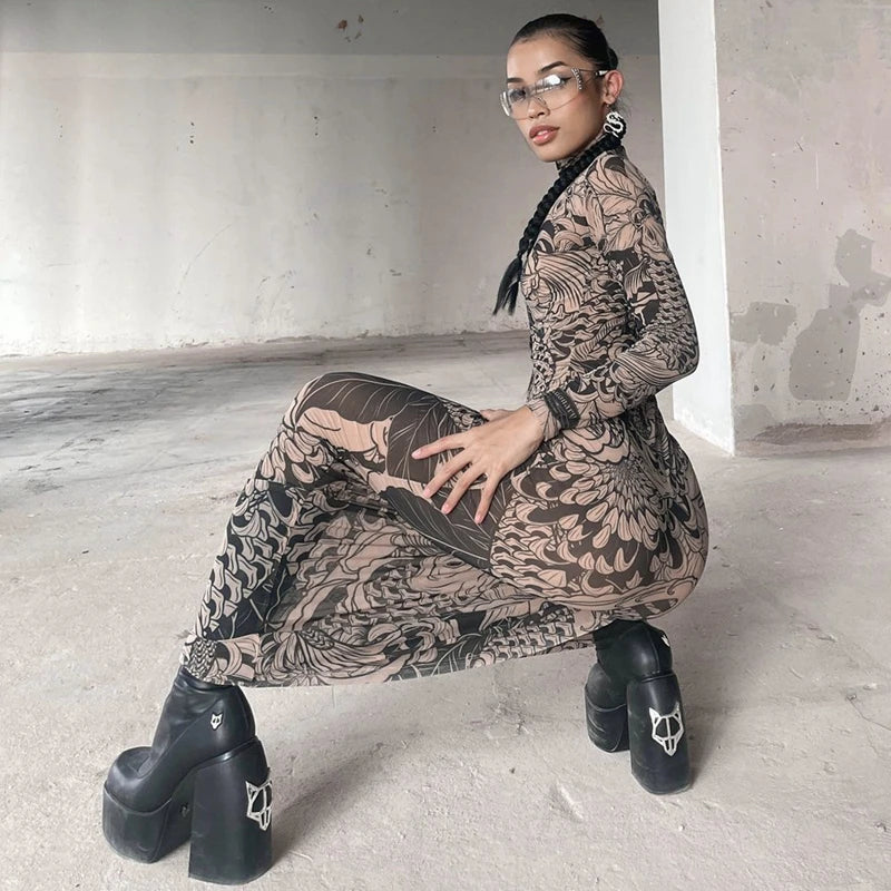 Haw thaw Long Sleeve Mesh See Through Streetwear Bodycon Long Dress