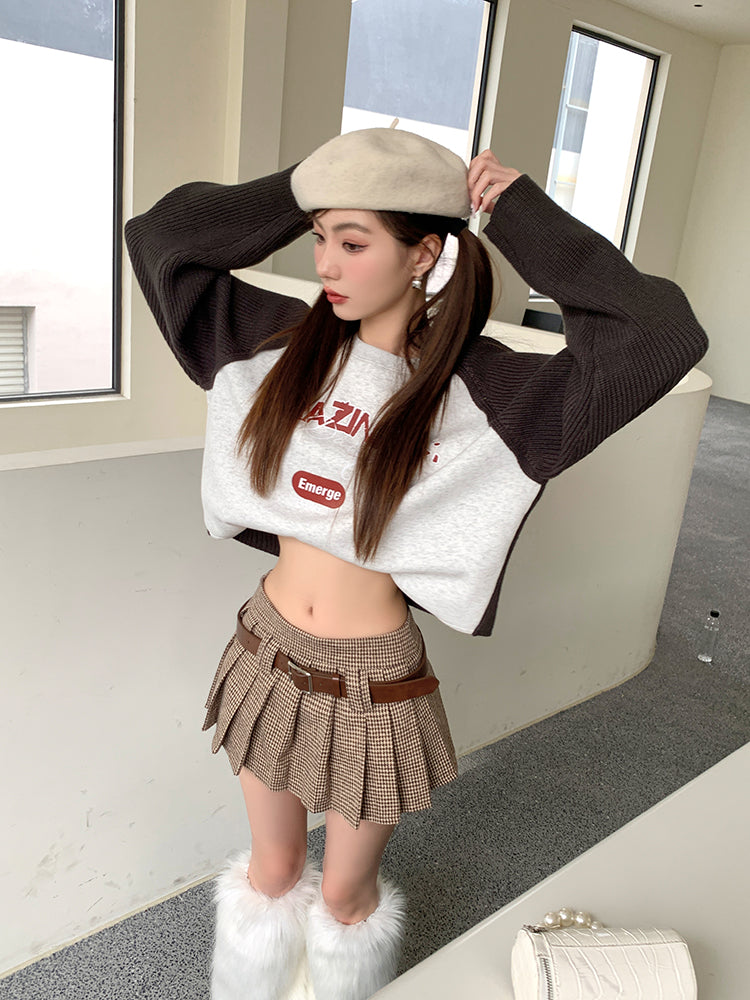 Y2K Low Rise Houndstooth Mini Skirt with Belt Woolen Pleated Mini