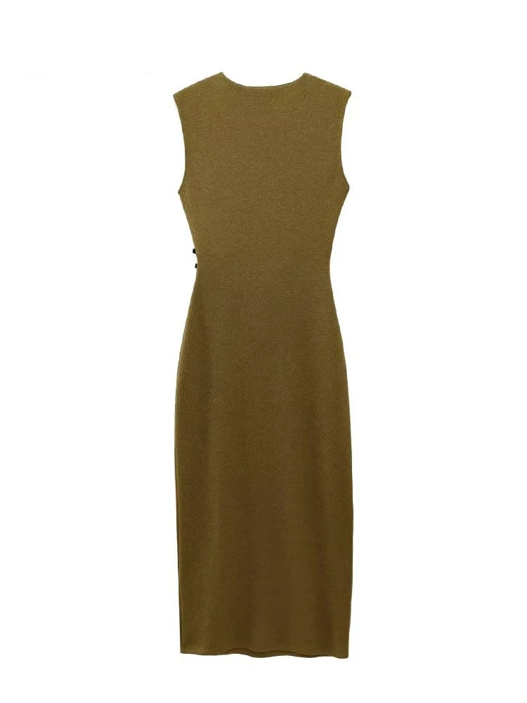 Pleated Midi O-neck Sleeveless Chic Pleated Dress Causal Party Dress