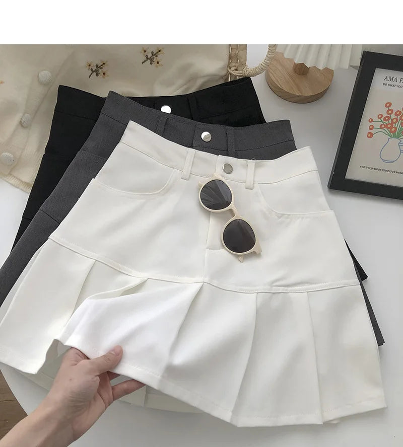 Vintage High Waist Pleated Skirt Women College Style with Safety Pants