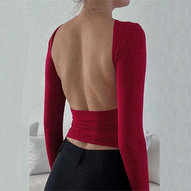 Black Backless Round Neck Long Sleeve Bodycon Top
