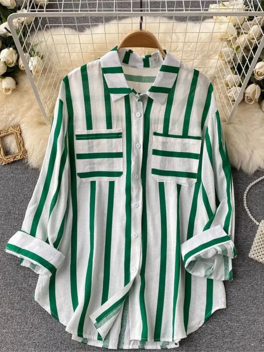 Summer Striped Blouse Fashion Turn-down Collar Long Sleeve Button Top