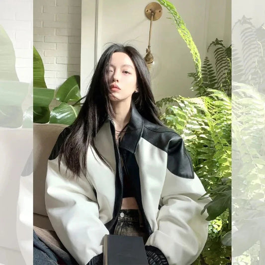 Women Oversized Patchwork Motorcycle Coat