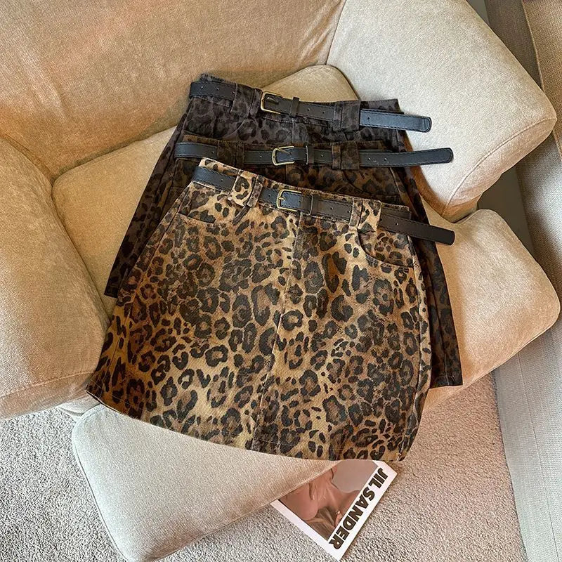 Leopard Print A-word Short Skirt New Anti-light High Waist Hip Wrap Mini Skirt
