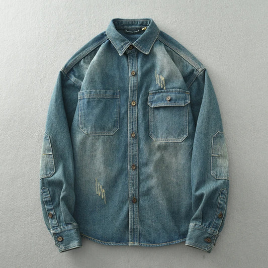 Herbst/Winter Grobes, verwaschenes Denimhemd im Retro-Look