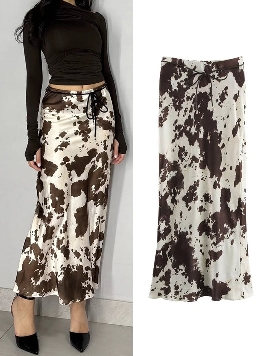 Animal Print Satin Skirt Women Fashion Ruffles Midi Skirts With Belt
