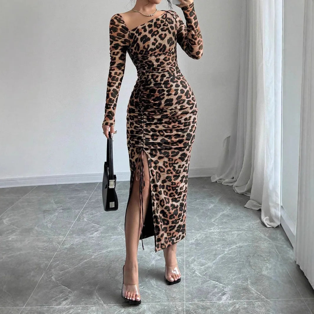 Sexy Leopard Print Split Long Dress