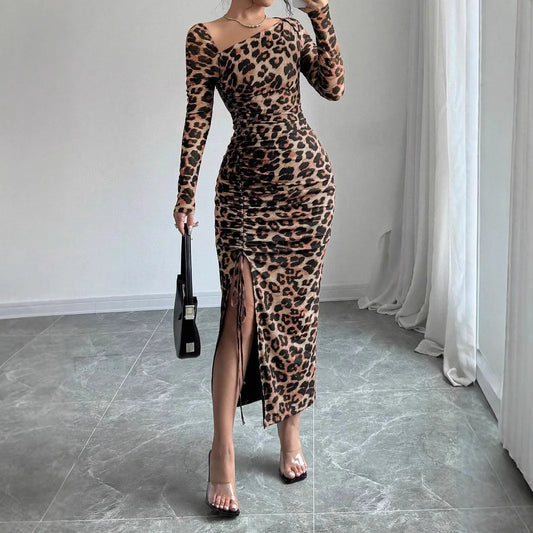 Sexy Leopard Print Split Long Dress