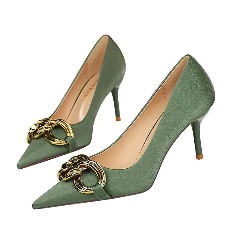 Women's Fashion Nude Metal Buckle Pumps High-Heels