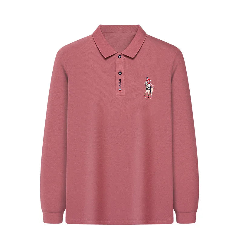 Besticktes Langarm-Poloshirt für Herren in Volltonfarbe