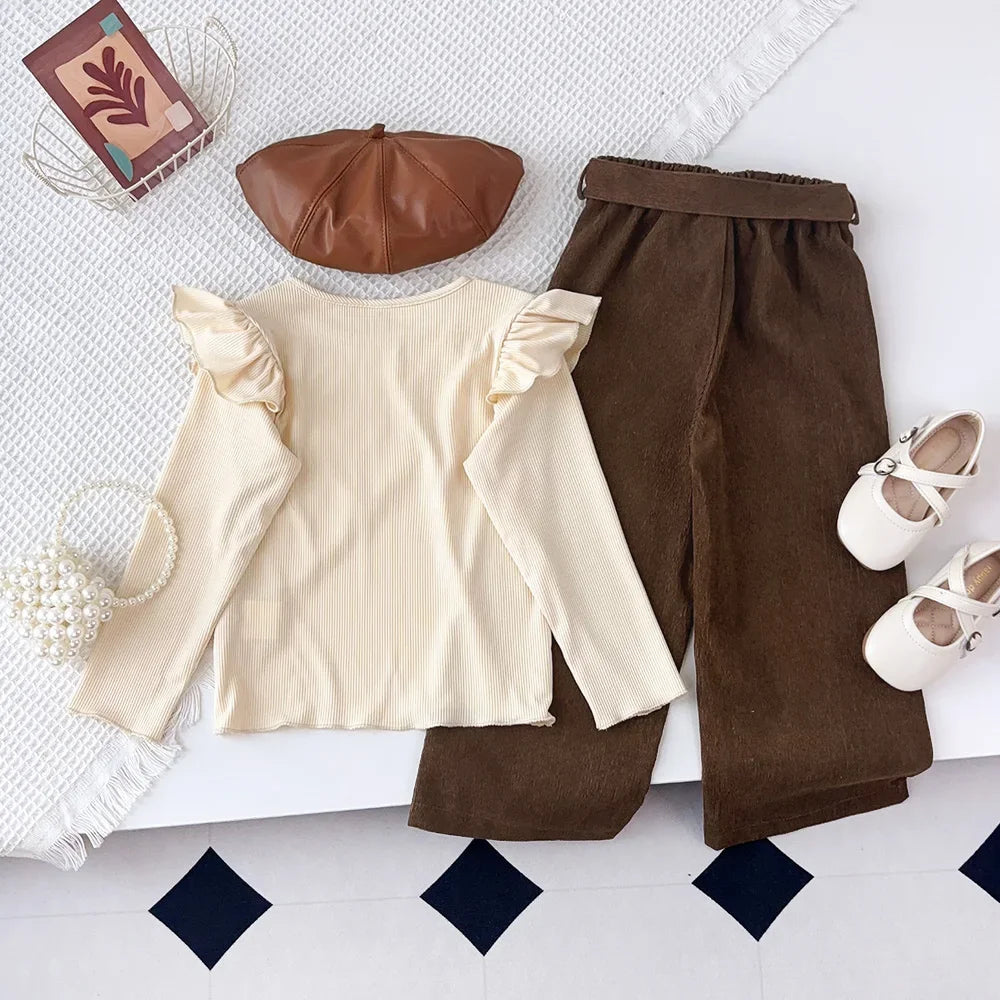 Autumn Winter Long Sleeved Round Neck Top+brown Long Pants