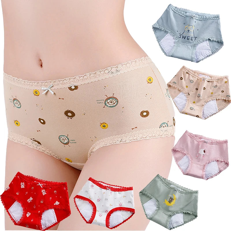 Girls Mid Waist Bear Cotton Period Briefs Soft Underwear