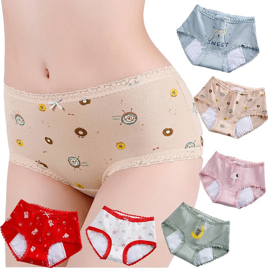 Girls Mid Waist Bear Cotton Period Briefs Soft Underwear