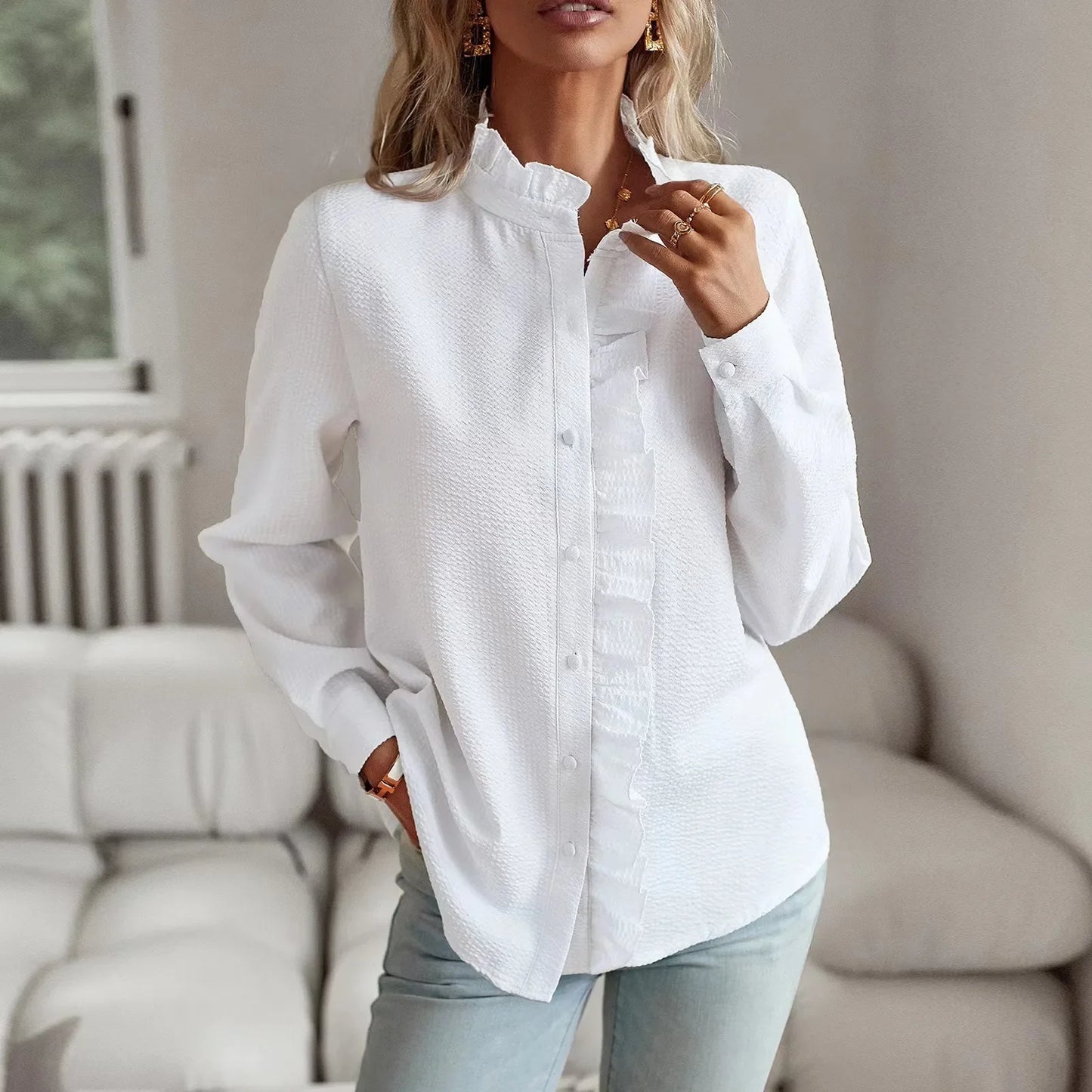 New Women's Wear Long sleeved Ruffle Edge Button Top