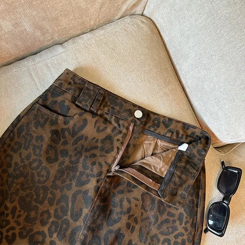 Leopard Print A-word Short Skirt New Anti-light High Waist Hip Wrap Mini Skirt