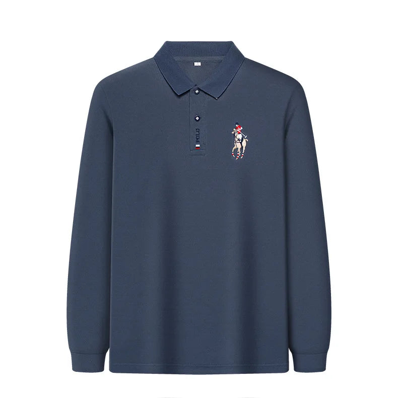 Besticktes Langarm-Poloshirt für Herren in Volltonfarbe