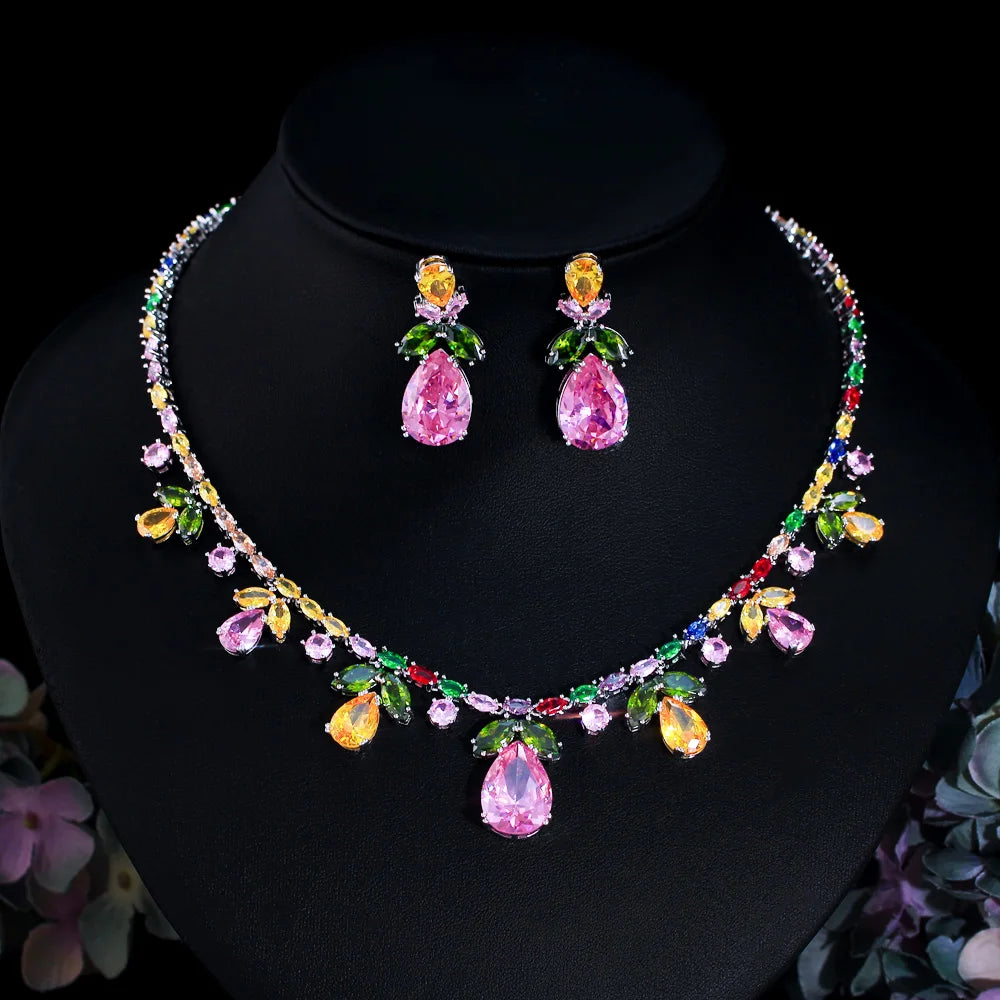 New Luxury Big Pink Water Drop Bridal Wedding Party Jewelry Set