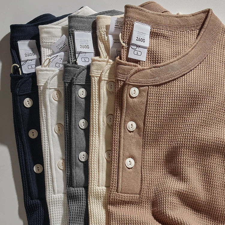 Autumn And Winter New American Heavyweight Retro Men's Waffle Long-sleeved T-shirt