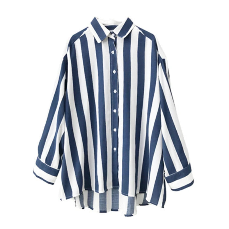 Summer Loose POLO Collar Striped Printed Chiffon Shirt